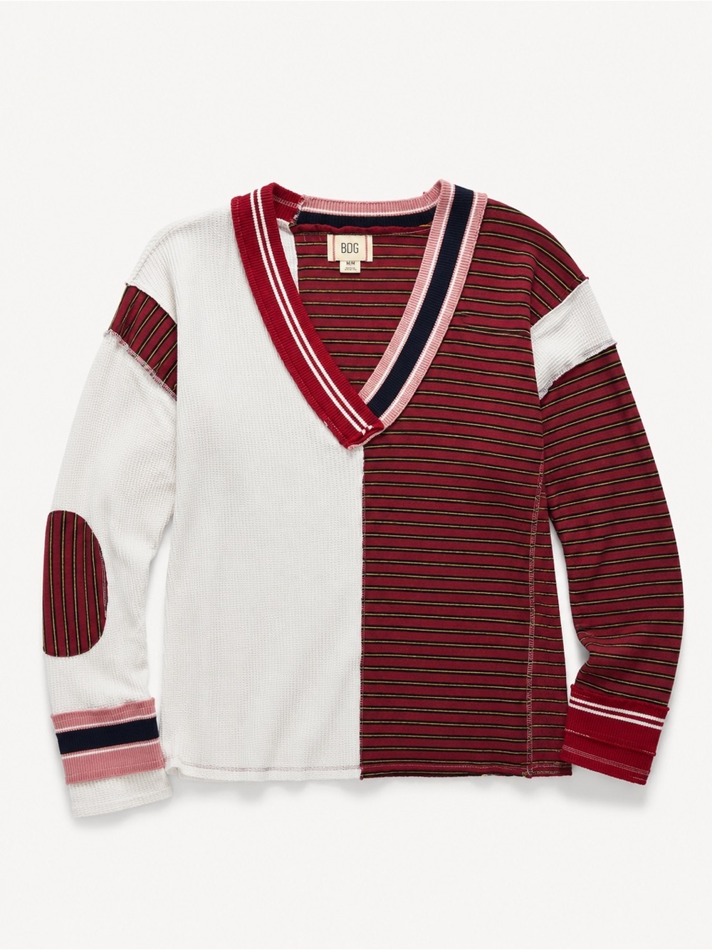 BDG Urban Outfitters Colorblock Patchwork Thermal Top Medium Burgundy Stripe